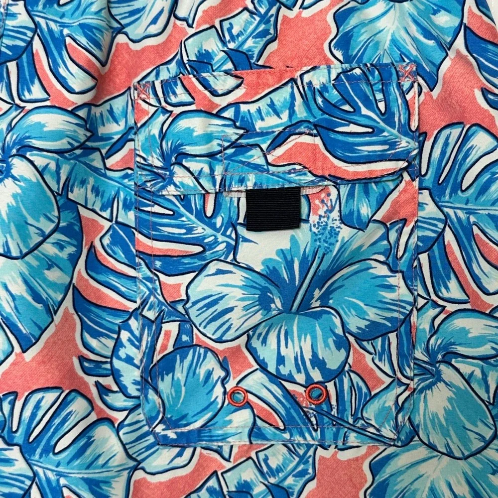 Vineyard Vines‎ Mens Tropical Hibiscus Swim Trunks Blue Coral Pink Medium